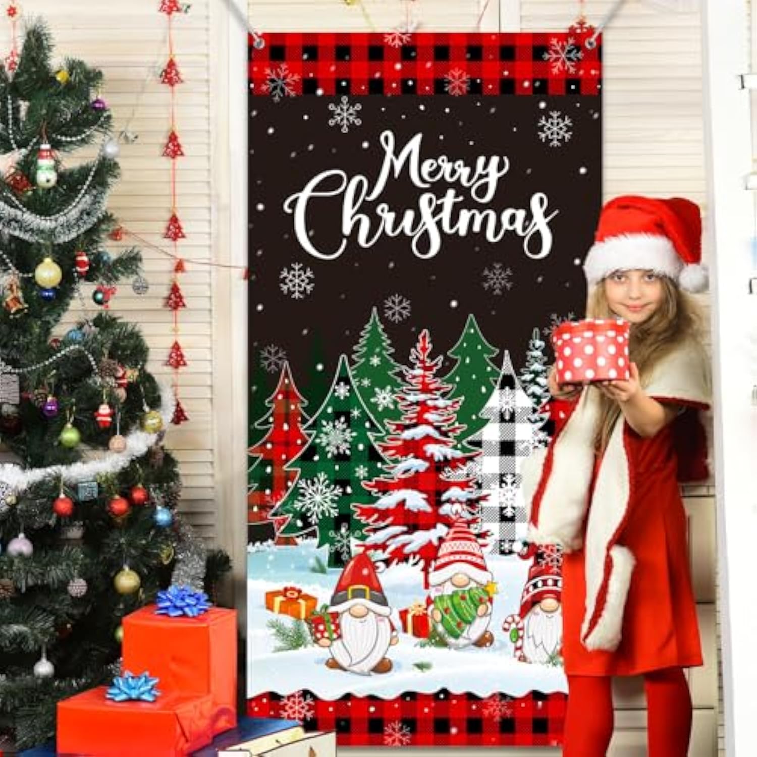 Christmas Door Cover Banner Backdrop Buffalo Plaid Christmas Tree Door Hanging Cover For Winter Holiday Photography Hanging Decorations Supplies, 71 X 35 Inch