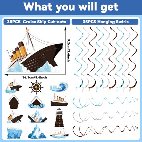 60PCS Nautical Party Supplies Cruise Hanging Swirls Ship Swirls Ocean Cruise Party Swirls Foil Ceiling Streamers for Nautical Cruise Theme Party Decor Ocean Theme Shower Birthday Favors