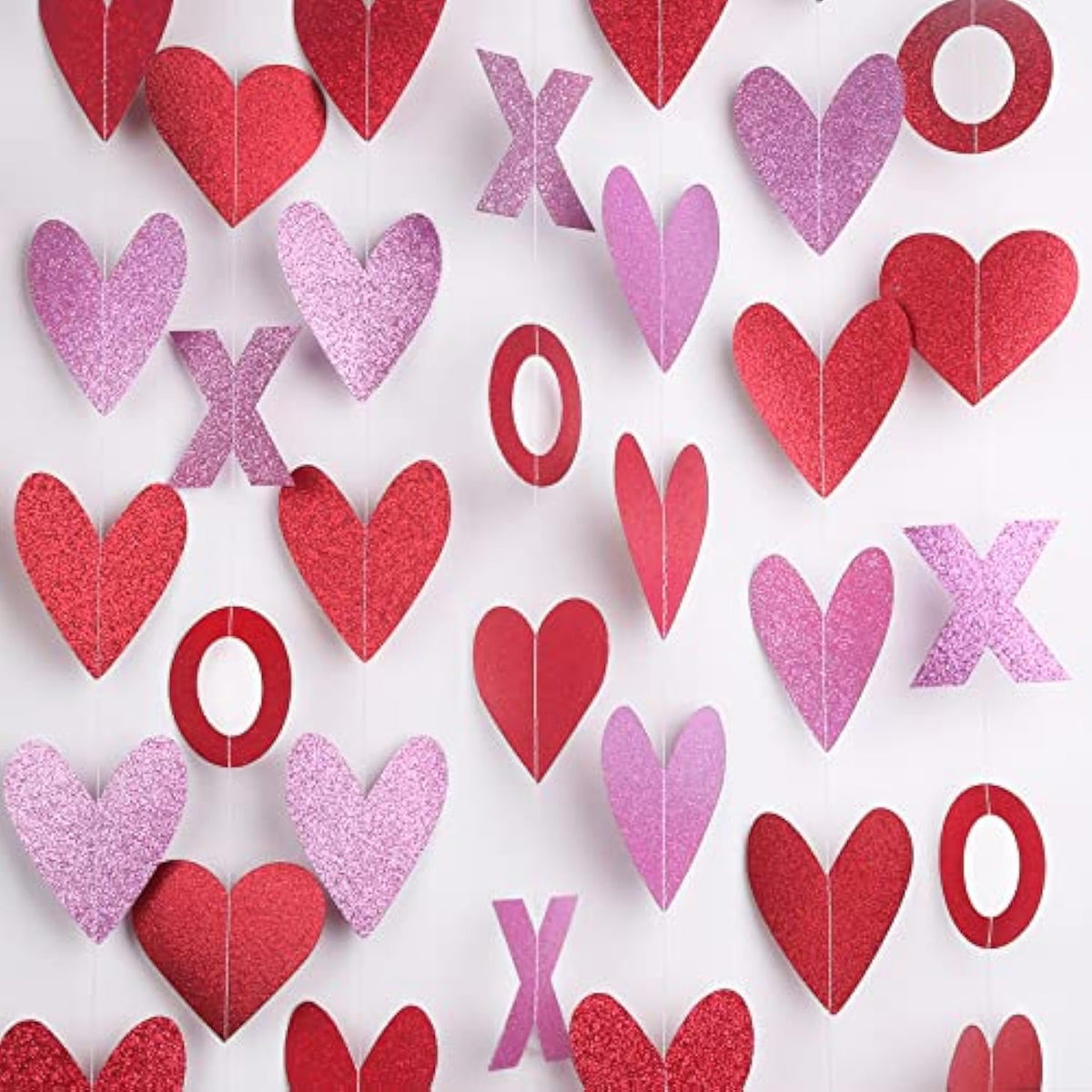 8 Pack Valentines Day Decor Heart & Xo Garland Banner In Red And Pink, Glitter Fabric/Paper, Perfect For Home, Mantel, Classroom, Party, Wedding