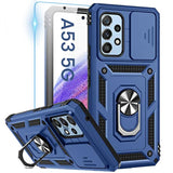 Compatible With Samsung Galaxy A53 5G Case With Camera Cover & 360° Kickstand Ring With Tempered Glass Screen Protector, Grade Shockproof Protective Bumper Cover For A53 5G Blue
