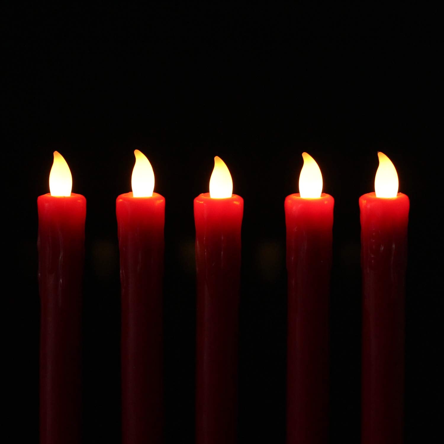Red 10" Flameless Taper Candles With Timer, Battery Operated Candles, Push-Activated, Wax Drip, Warm White Light, Remote & 10 Batteries Included - Set Of 5