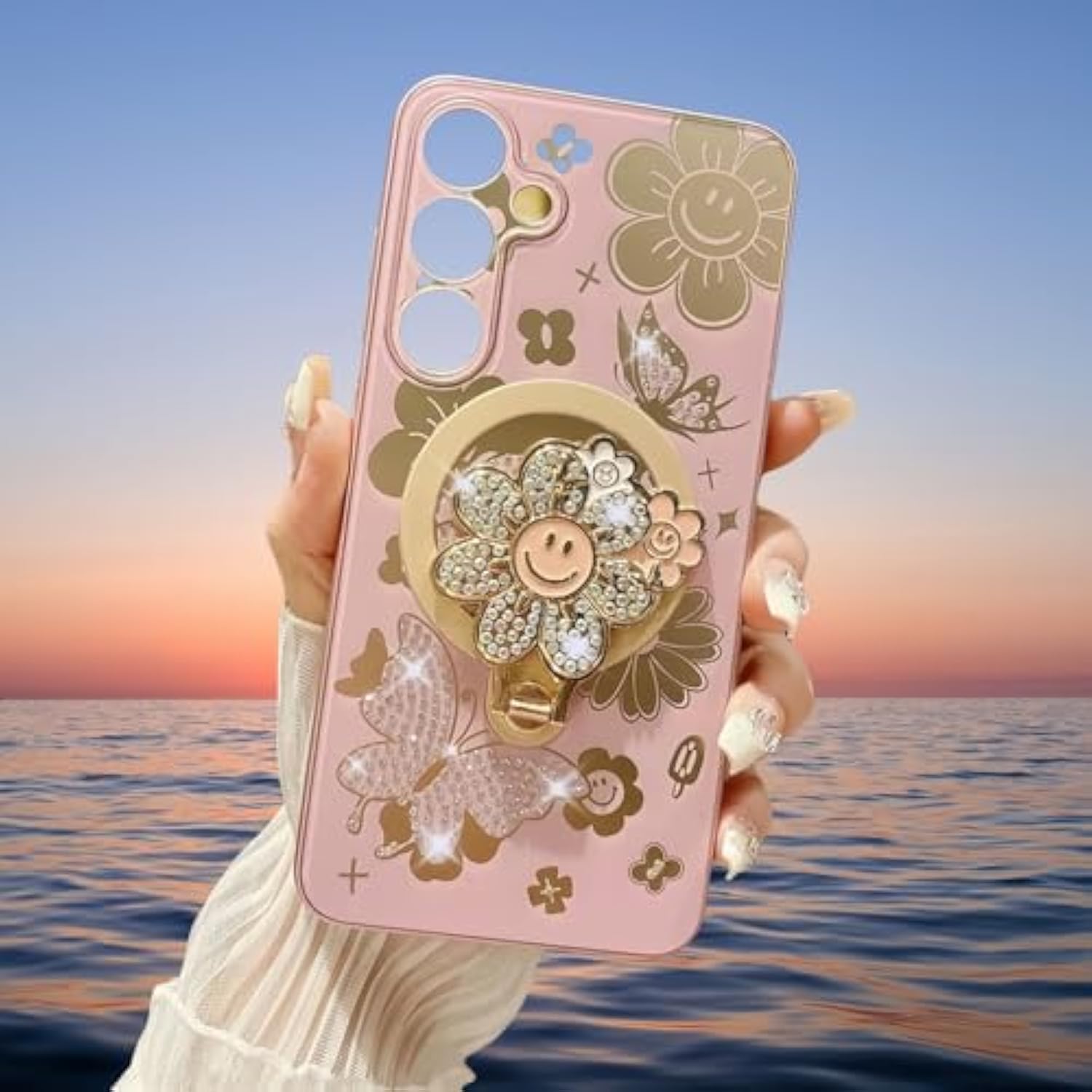 For Samsung Galaxy A16 5G Case For Women Girls With Phone Charm Strap[Compatible With Magsafe] [Camera Lens Protector][Bling Diamond Flower Kickstand] Cute Girly Phone Case For Samsung A16 5G Pink