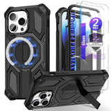 Magnetic Case for iPhone 14 Pro Max with Kickstand, Compatible with MagSafe, Military Grade Protection, Shockproof Protective Cover with 2x Glass Screen Protector for iPhone 14 Pro Max 6.7-Inch, Black