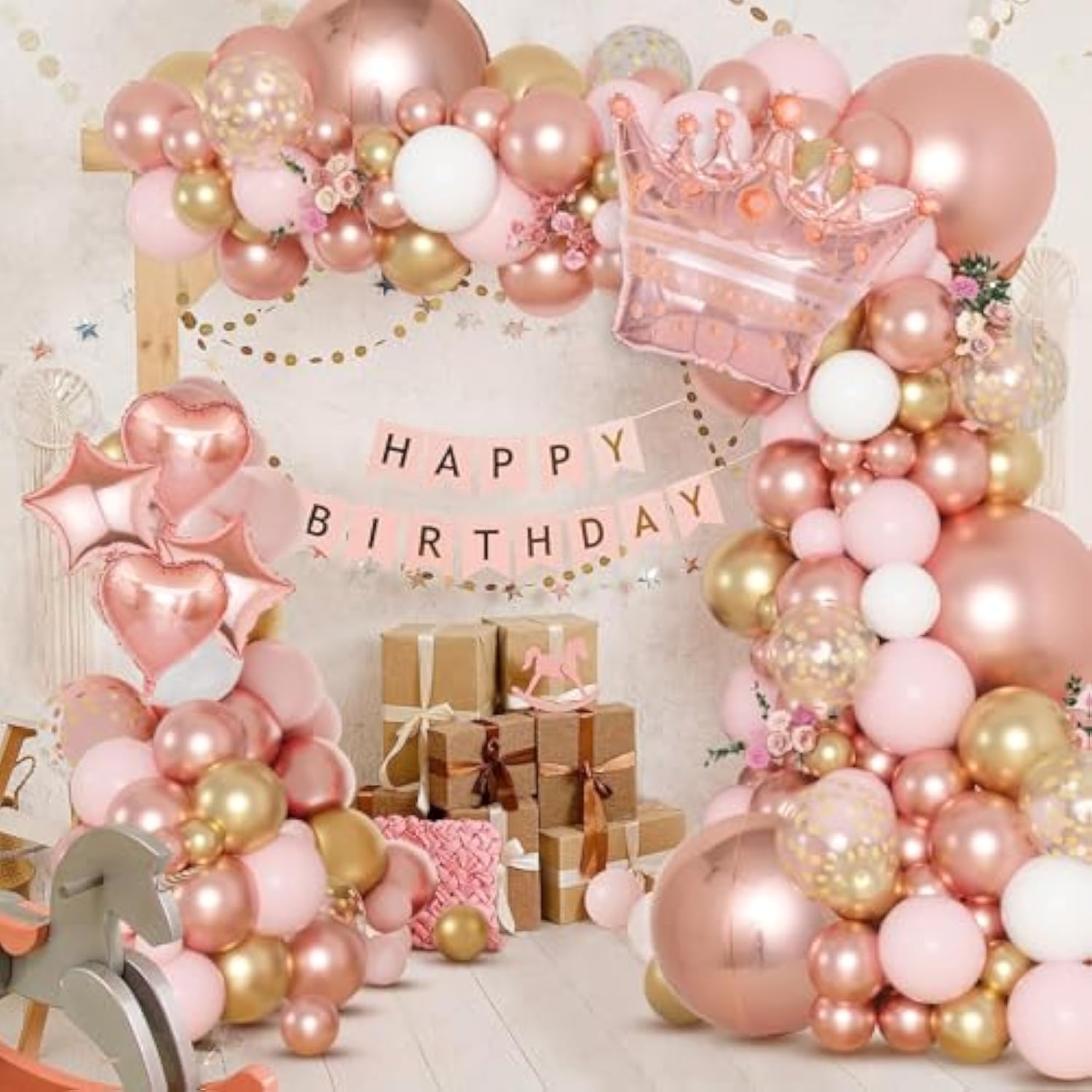 149Pcs Rose Gold Balloons Arch Kit, Pink Rose Gold White Cardioid Pent