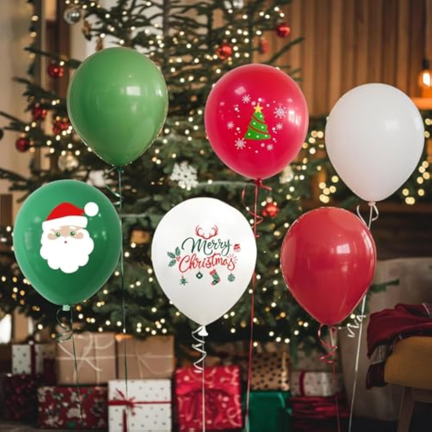 Christmas Balloons, 12 Inch Green Red White Merrychirstmas Printed Balloons Merry-Chirstmas Tree Santa For Chirstmas Party Decorations Celebration Party Balloons With Ribbon