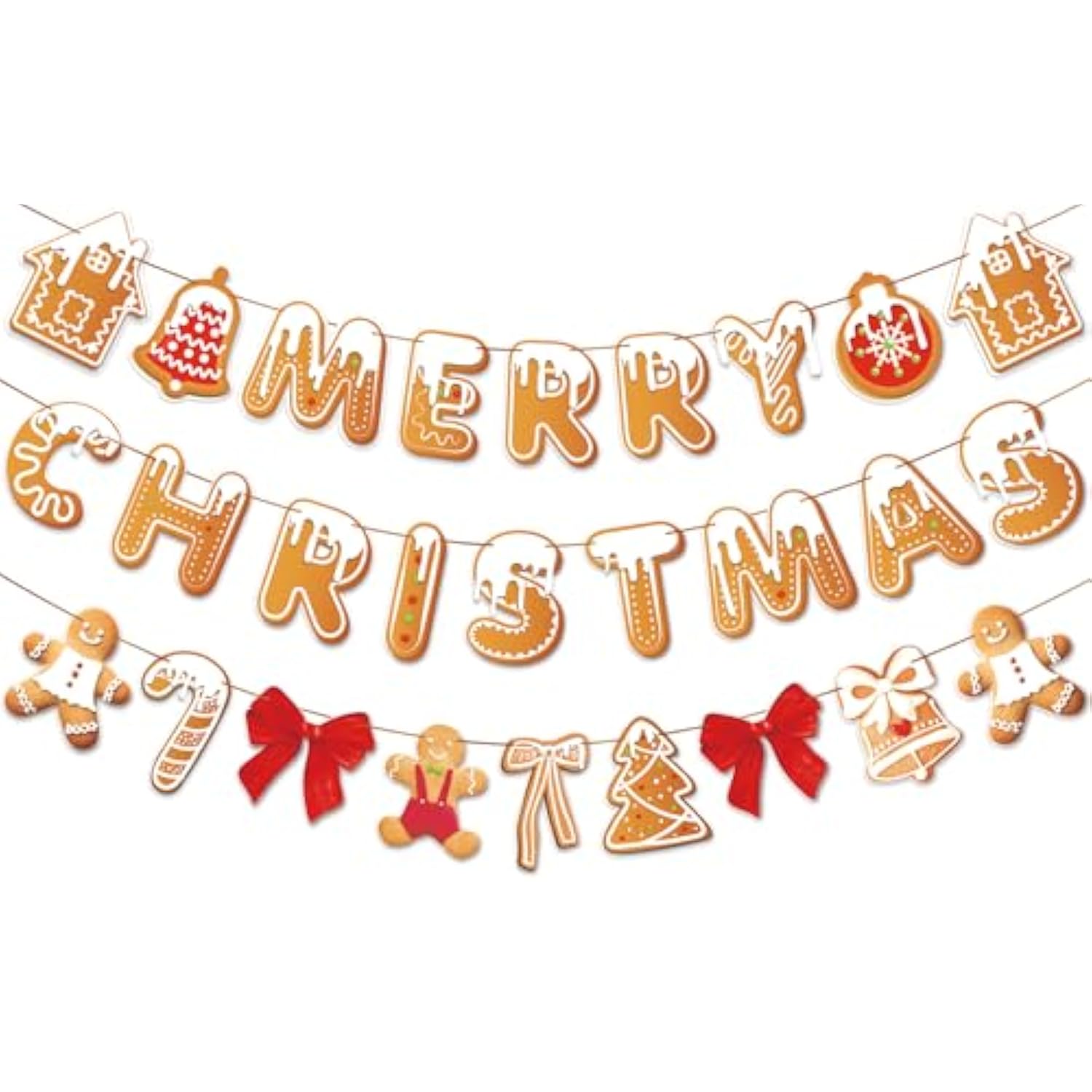 Gingerbread Christmas Decoration Merry Christmas Banner,3 Pcs Gingerbread Christmas Garland,Xmas Backdrop Cute Hanging Decor For Wall, Tree, Door, Yard, Home, Office, Indoor Outdoor.