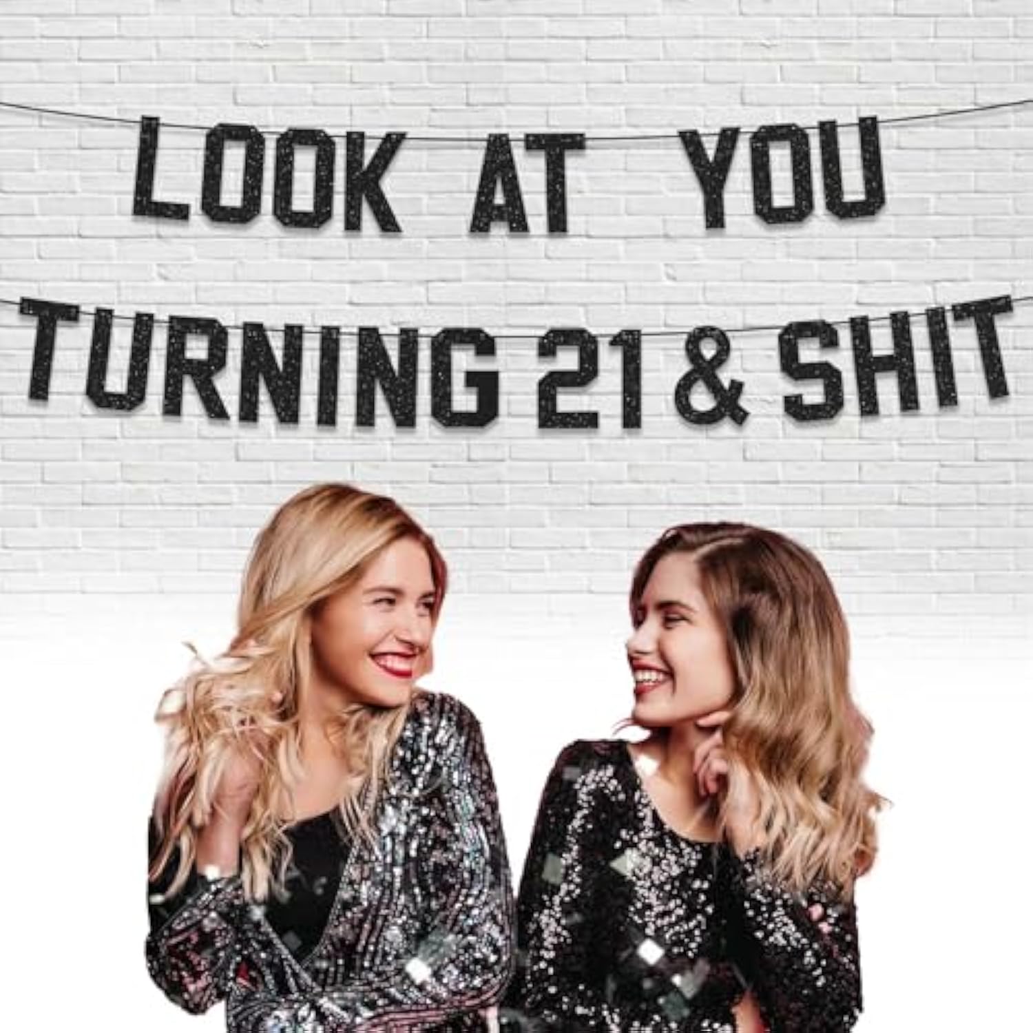 21st Birthday Banner, Black Glitter, "Look at You Turning 21" Party Decor