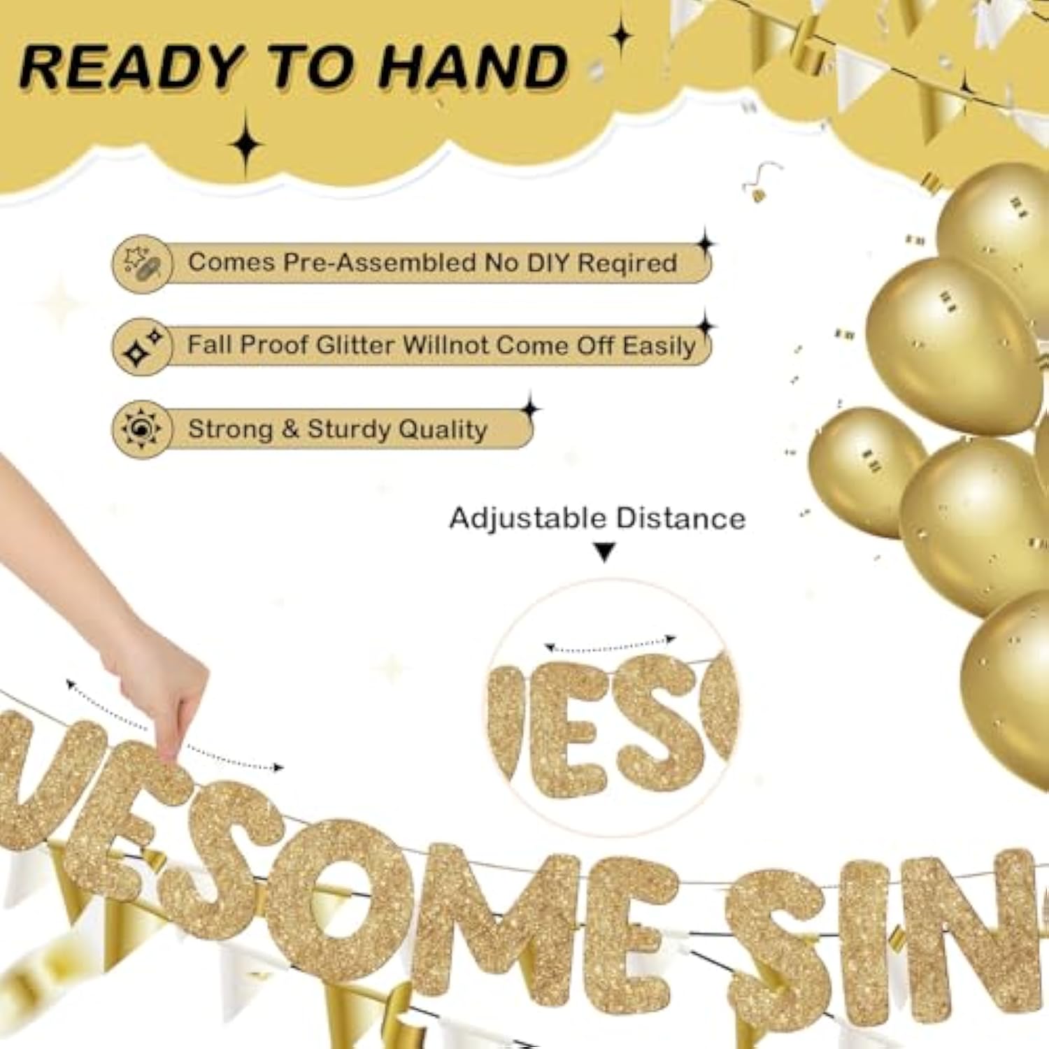 Pre Strung Awesome Since 1975 Banner Glitter Happy 50Th Birthday Banner Funny Glitter Happy 50Th Birthday Decorations For Men Women Anniversary Party(Champagne Gold)