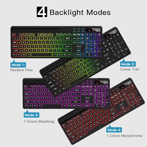 Kb600 Wireless Keyboard With 7-Color Rgb Backlit, 2.4Ghz Full-Size Computer Keyboard With Phone Tablet Holder, Number Pad, 22 Multimedia Hotkeys, Rechargeable For Mac, Windows