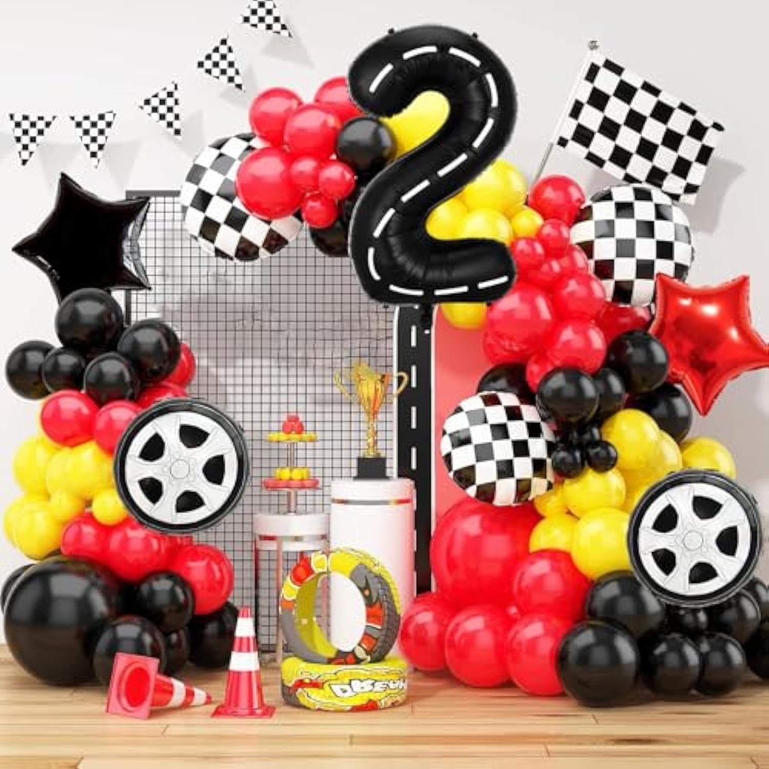 Race Car Birthday Balloons Decorations, 40 Inch Racetrack Black Number 2 Balloon, Large Mylar Black 2 Balloon For 2St Birthday Race Car Theme Party Decor Supplies 7 Pcs