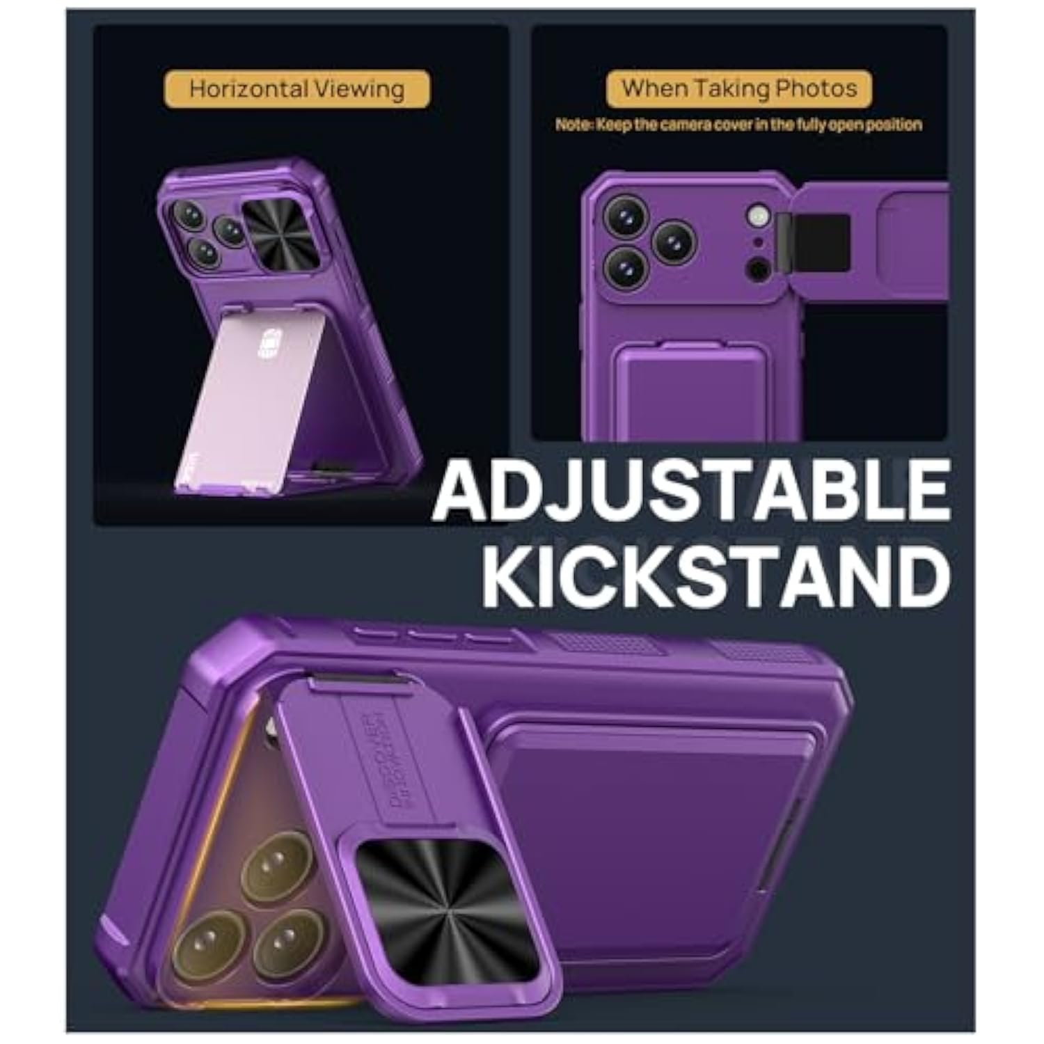 For Iphone 17 Pro Case With Card Holder & Sliding Camera Lens Cover & Hidden Kickstand & Camera Stand & Wallet, Silicone Edge Durable Protective Case Cover For Iphone 17 Pro 5G, Dark Purple