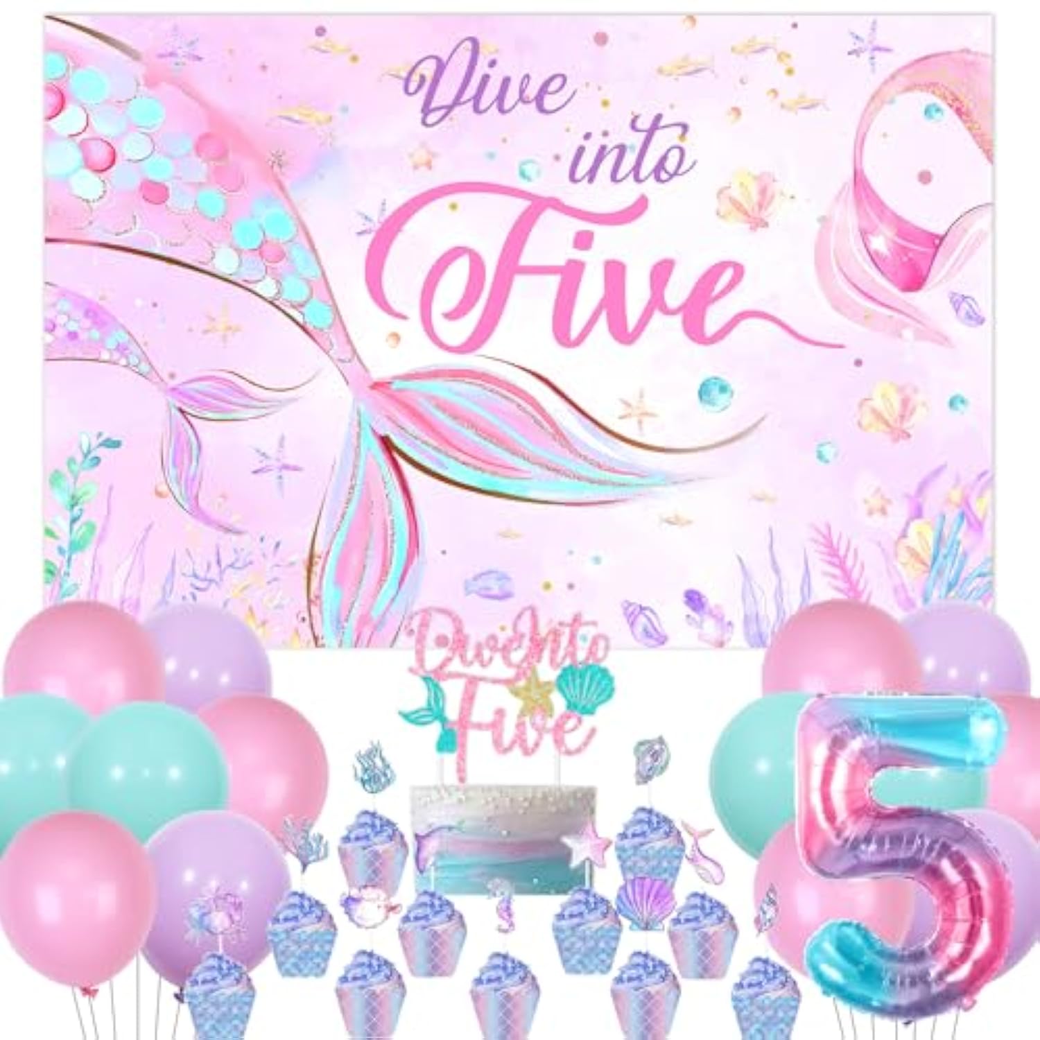 Mermaid Birthday Party Decorations, Dive Into Five Ocean Theme 5Th Birthday Backdrop Cake Cupcake Toppers Pink Purple Blue Balloon For Girl 5 Year Old Party