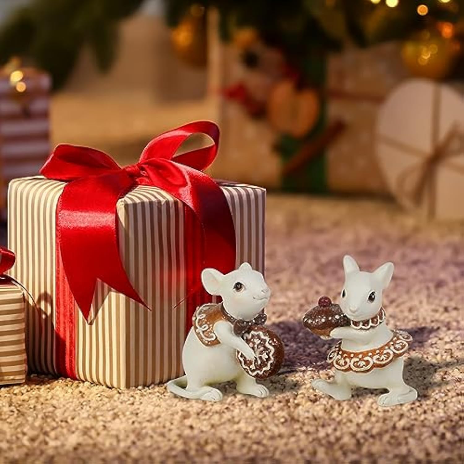 Gingerbread Decor Christmas Decorations Indoor - Set Of 2 Resin Christmas Mouse With Cake And Cookie Christmas Decorations Indoor Home Decor, Off White