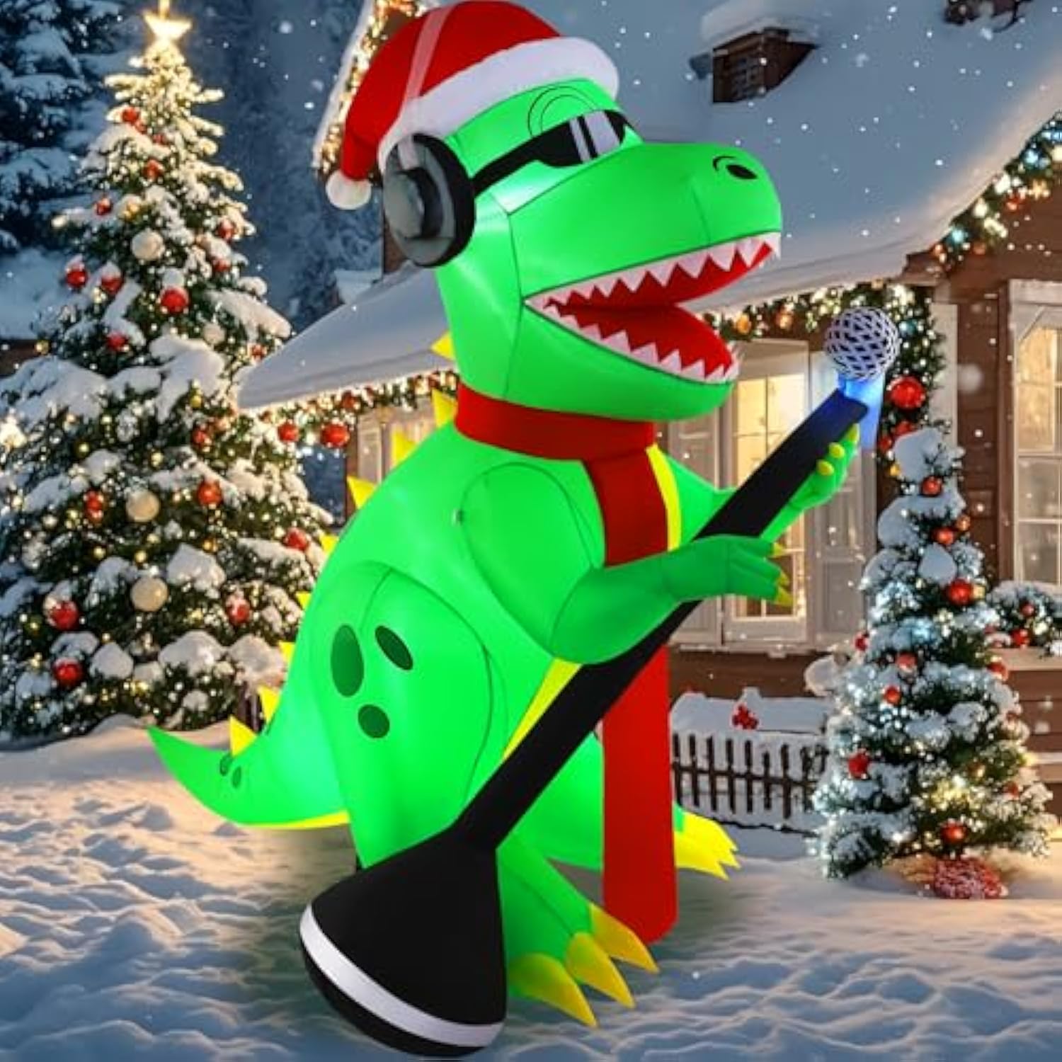 6.5Ft Christmas Inflatable Dinosaur Singing Outdoor Patio Decoration, Giant Dinosaur With Built-In Bright Led Lights For