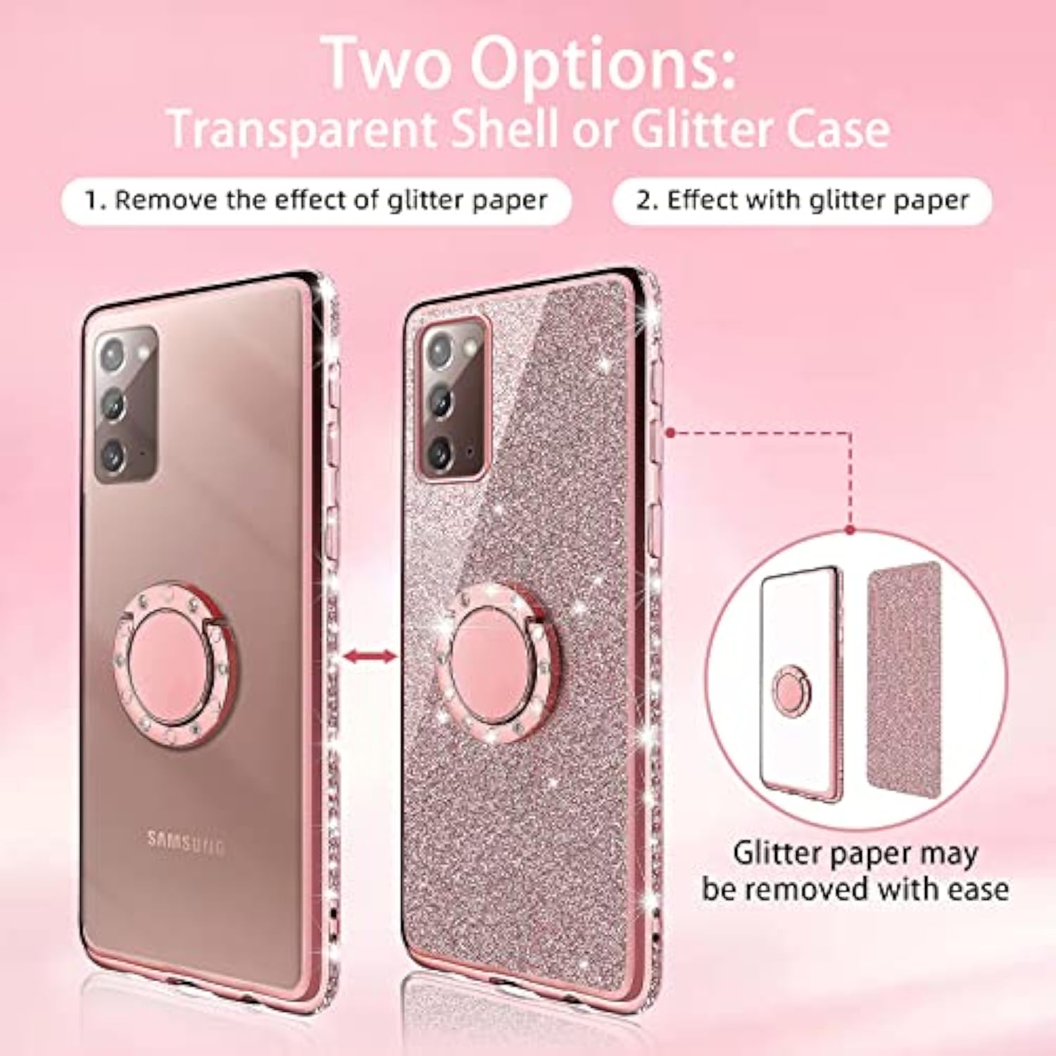 For Galaxy Note 20 Case With Ring Stand Lanyard Strap, Cute Bling Shiny Glitter Girly Women Drop Protection Shockproof 2-Layer Protective Phone Cover For Samsung Note 20 5G - Rose Gold