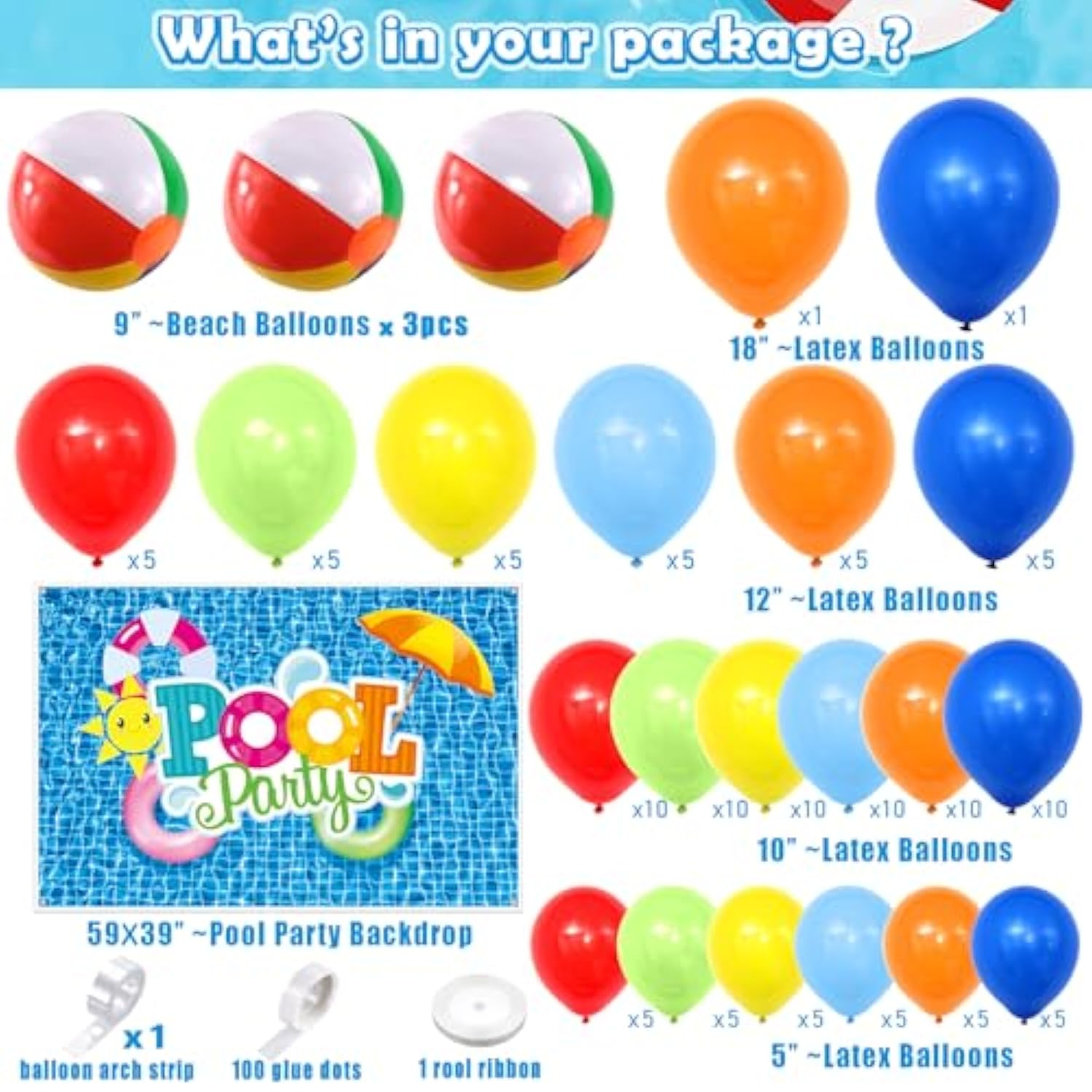 129Pcs Pool Party Decorations Birthday Supplies, Outdoor Pool Summer Theme Balloon Garland Arch Kit Backdrop Beach Ball Tropical Luau Hawaii Holiday Swimming Outdoor Pool Decor Party Supplies