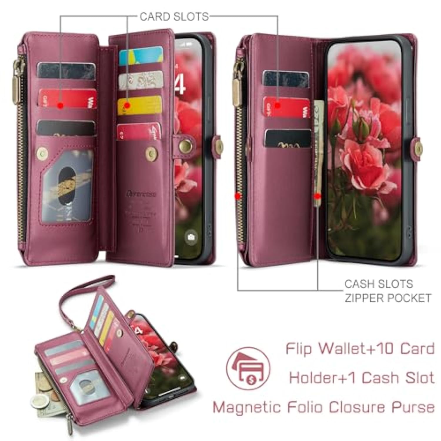 Compatible With Iphone 8 Plus/ 7 Plus Case Wallet With Rfid Blocking Card Holder For Women Men Pu Leather Magnetic Snap Flip Zipper Strap Wallet Phone Cover, Wine Red