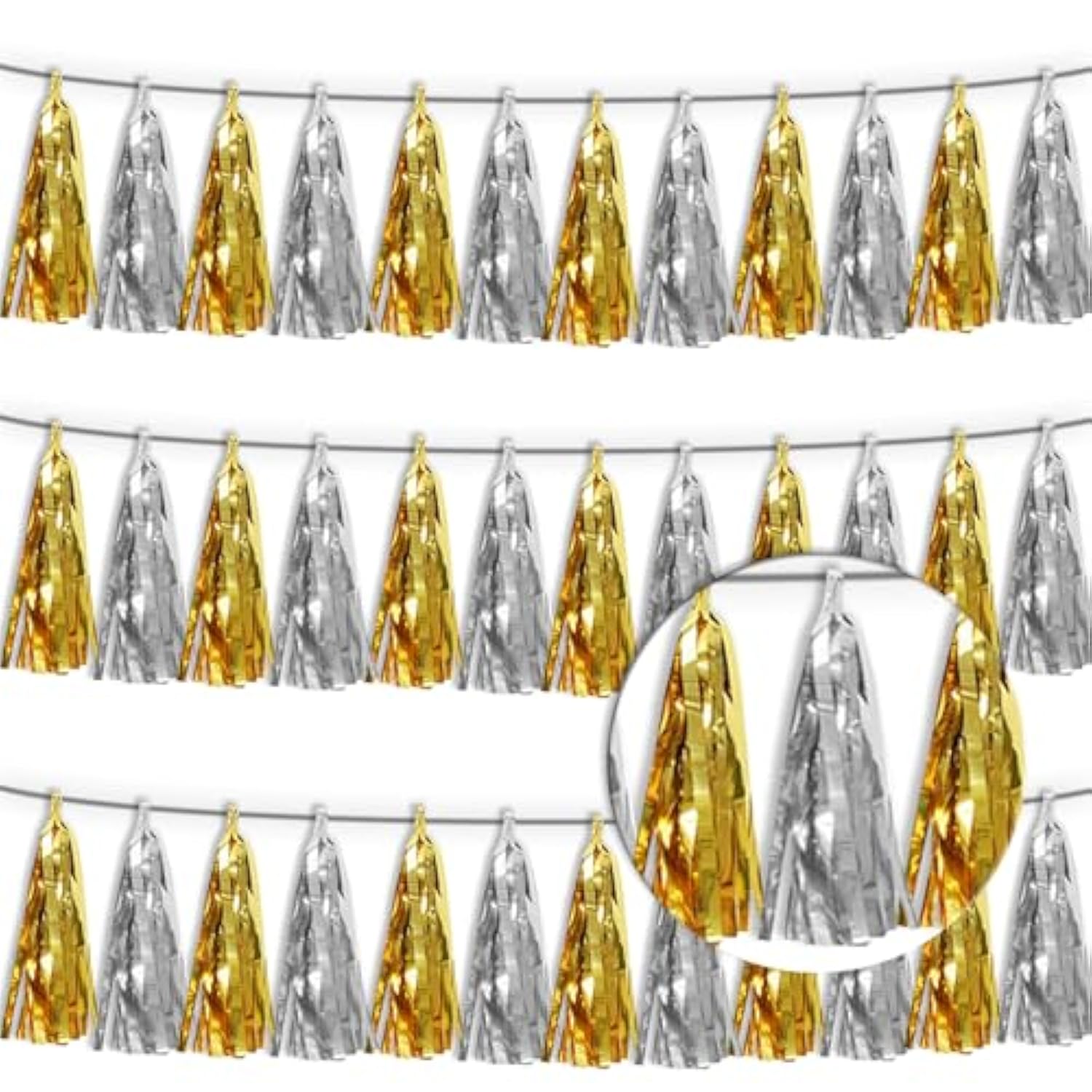 3P Gold Silver Metallic Fringe Tassel Banner Garland Foil Tinsel Streamer Wall Hanging Curtain Backdrop Banner For Parade Floats, Graduation Decorations, Father' Day, Halloween, Christmas Decorations