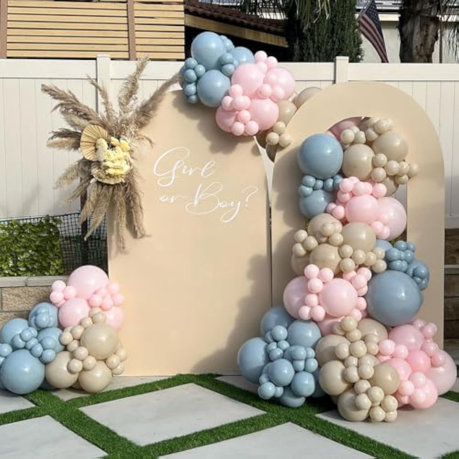 Gender Reveal Balloon Arch Garland Kit, 140Pcs Dusty Pink Misty Blue White Sand Nude Balloons For Boho Neutral Baby Shower Boy Or Girl Gender Reveal Birthday Bear Theme Party Decorations