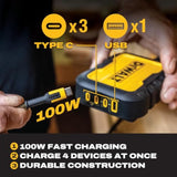 DEWALT Heavy Duty 4 Port USB C Charger Block, 100W USB C Charger Intelligent Power Sharing, 6ft Power Cord, Charge 4 Devices Compatible w/DEWALT 20V Batteries, Perfect for Work Tables & Jobsites