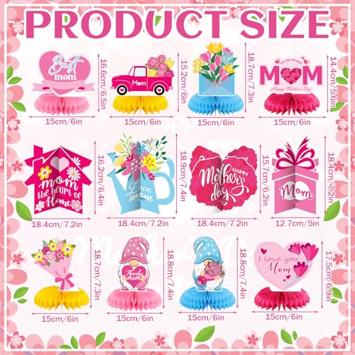 12 Pcs Mother's Day Decorations Honeycomb Centerpieces 3D Mothers Day Table Centerpiece Flower Heart Honeycomb Table Decorations for Mom Home Office Birthday Supplies Decor
