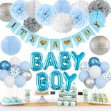 55PCS Blue Baby Shower Decor with "It's a Boy" Banner, Balloons, Pom Poms & More