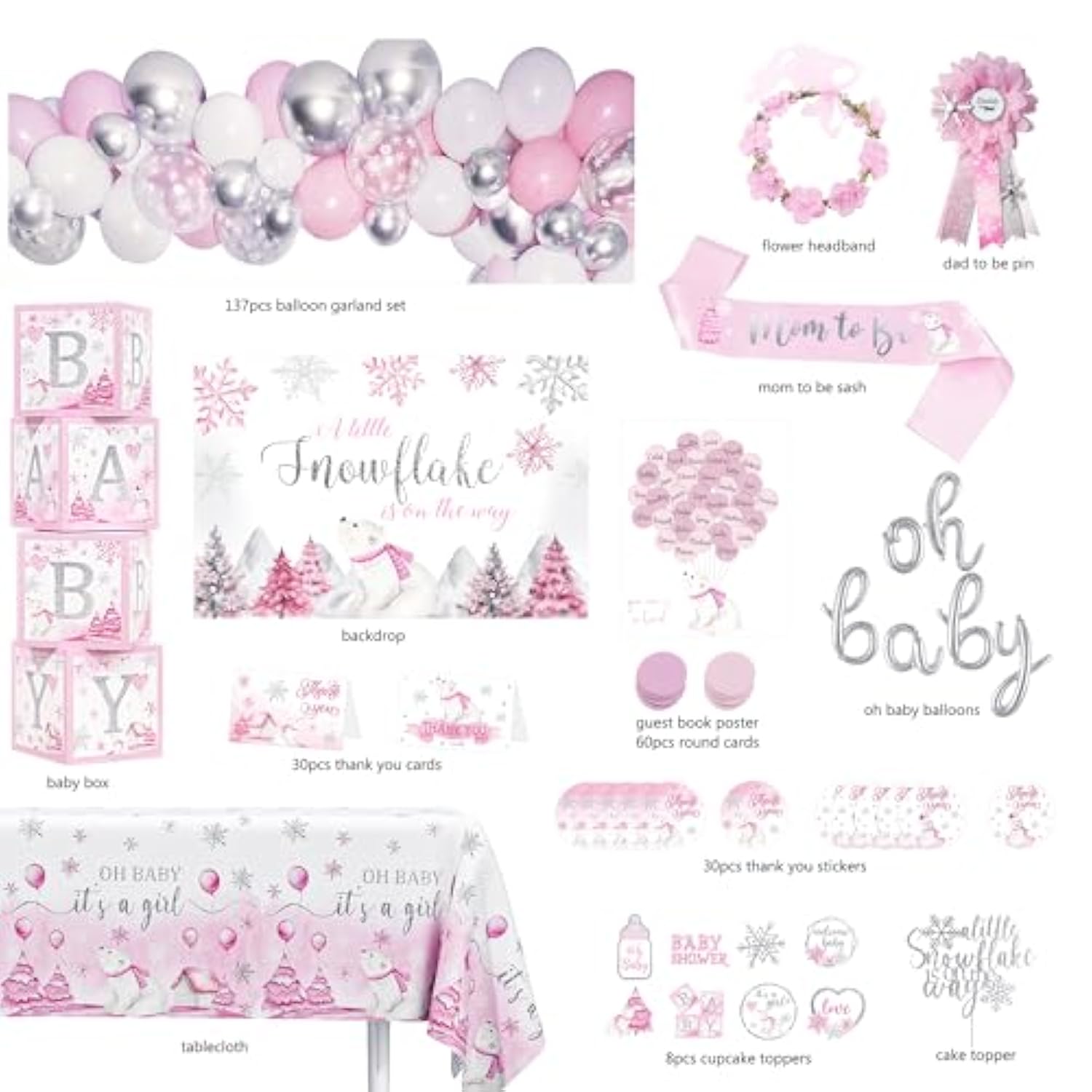 Little Snowflake Baby Shower Decorations Party Supplies, Pink A Little Snowflake Is On The Way Baby Shower Decor, Baby Its Cold Outside Baby Shower Decorations, Winter Wonderland Christmas Baby Shower