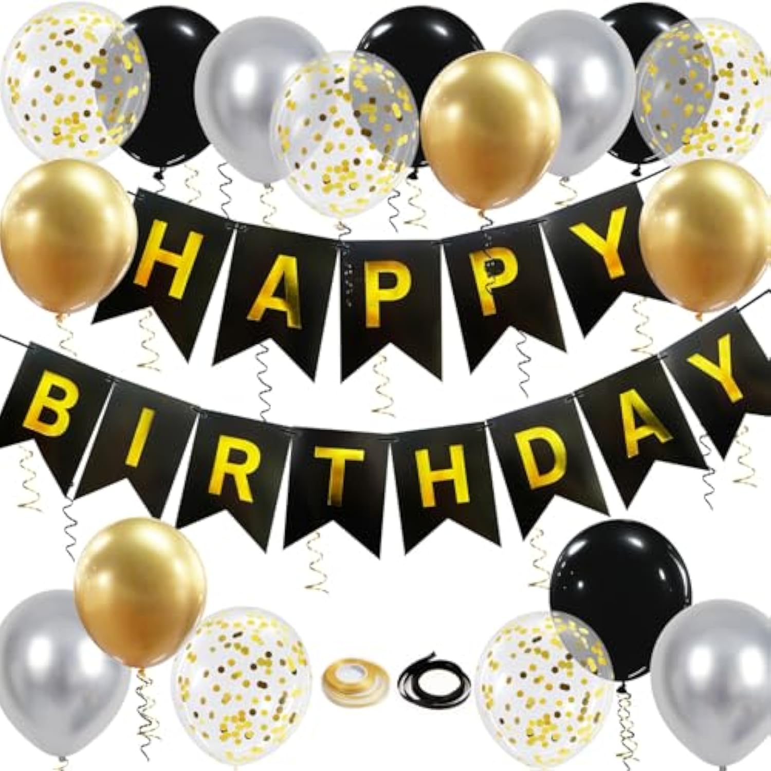 Black and Gold Birthday Banner with 16 Balloons & Ribbons for Men, Women, Boys and Girls Parties