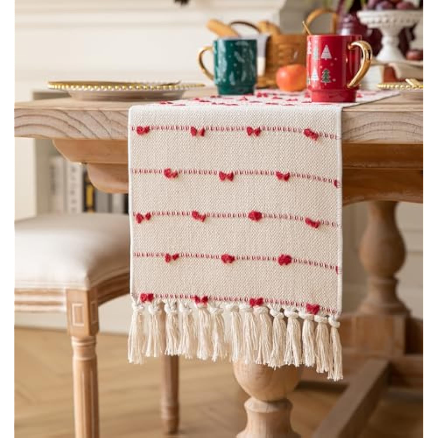 Christmas Table Runner 72 Inchs Long For Modern Farmhouse Room Home Christmas Decorations, Boho Red Table Runner, Natural Cotton Woven With Tassels For Holiday Kitchen And Dining Table Decor