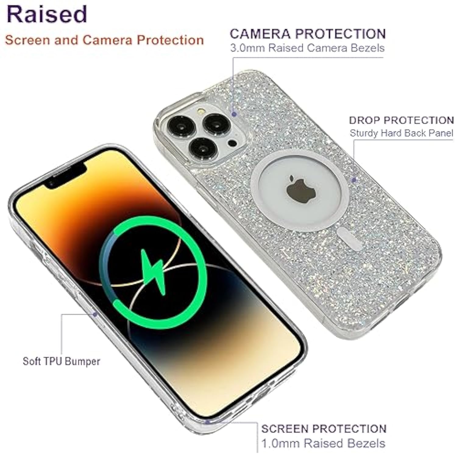 Cute Glitter For Iphone 13 Pro Max Case [Compatible With Magsafe] [10Ft Drop Protection] Magnetic Cover With Bling Sparkle For Women Girls 6.7"-Sparkly Silver