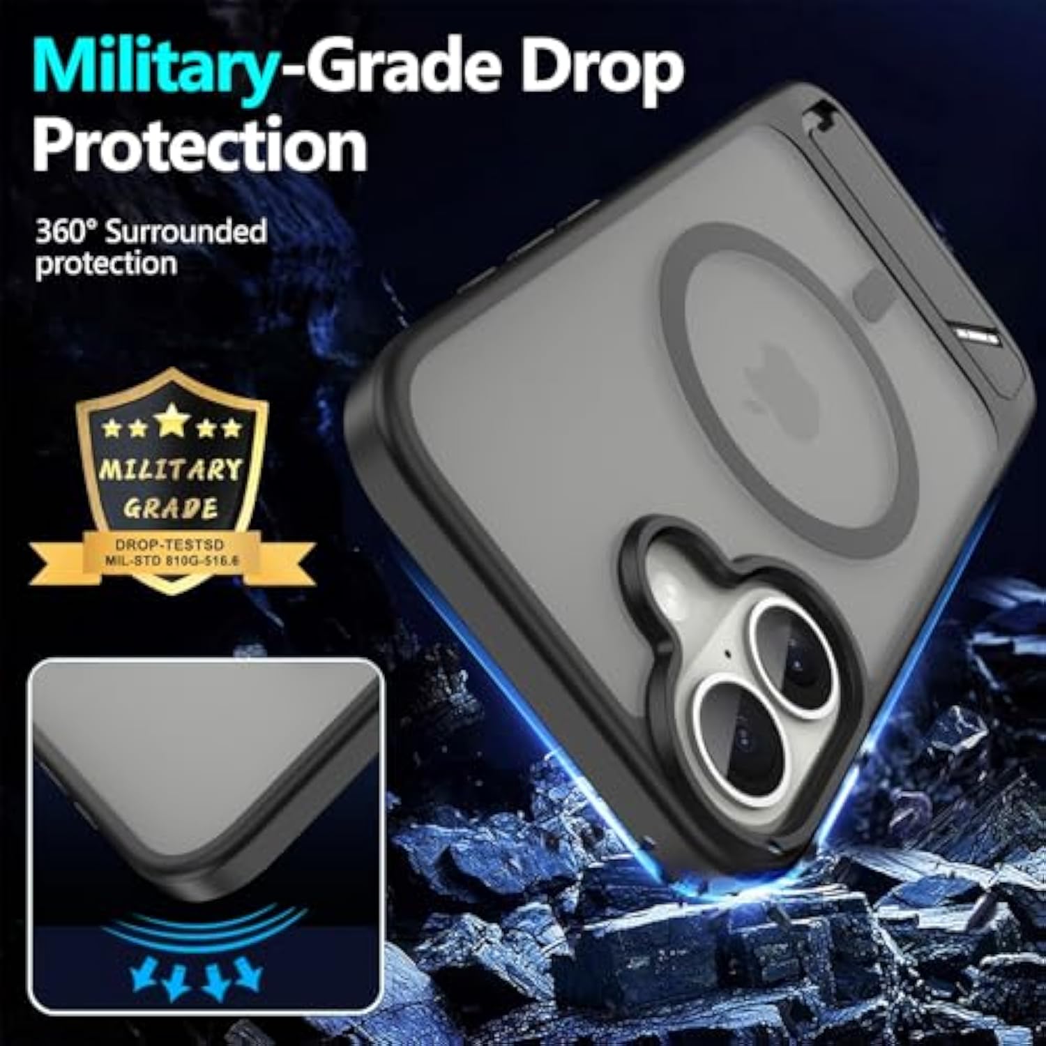 For Iphone 16 Case: [Fit For Magsafe] Strong Magnetic & Invisible Stand, Military-Grade Drop Protection With Screen Protector, Adjustable Kickstand Slim Frosted Translucent Matte Phone Case, Black