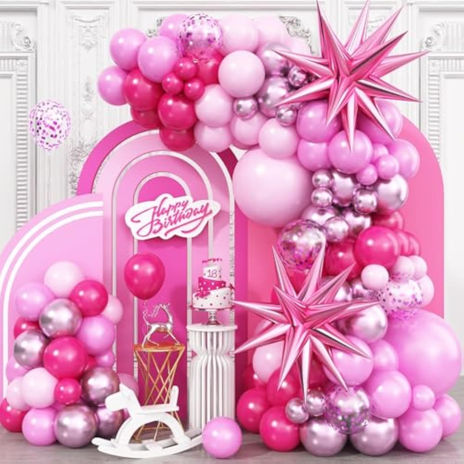 Pink Balloon Garland Arch Kit With Star Foil Balloons, Metallic Pink Matt Pink Hot Pink Pastel Pink Balloons Arch Kit For Girls Women Birthday Wedding Baby Shower Princess Theme Party Decorations