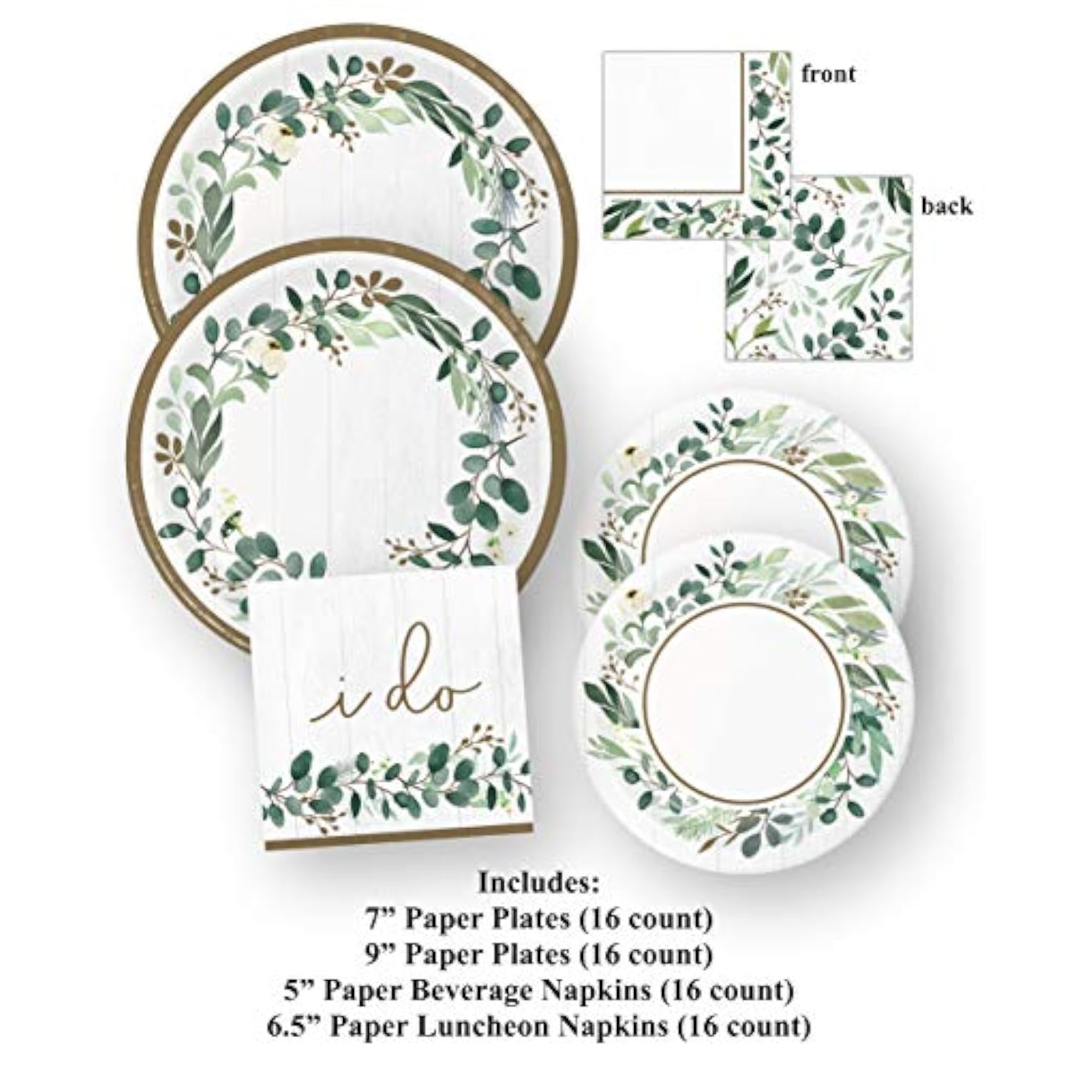 Eucalyptus Greens I Do Bridal Shower Plates And Napkins Wedding Set (64 Pieces)