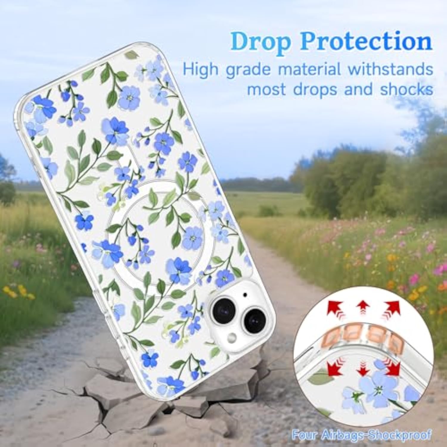 Magnetic Clear Case for iPhone 15, Pretty Blue Flower Design
