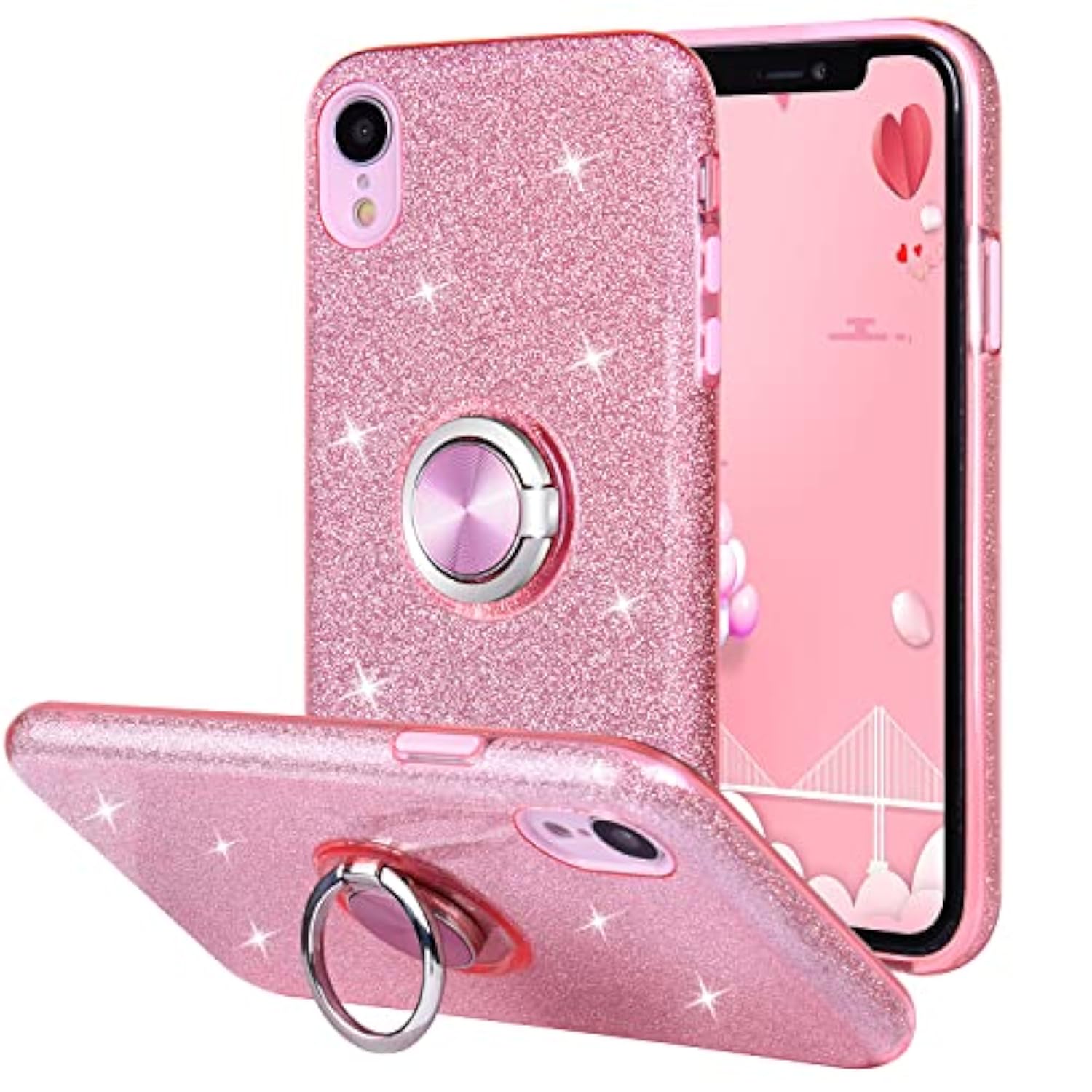 Case For Iphone Xr, Cute Glitter Bling Sparkle Protective Case With Ring Kickstand, Women Girls Phone Case For 6.1 Inch Apple Iphone Xr - Pink