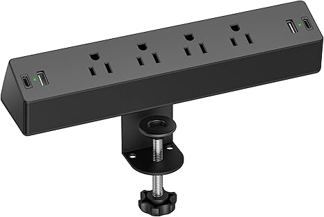 Desk Clamp Power Strip 4 Outlets 4 USB Ports PD20W 6FT Extension Cord Charging Station Black