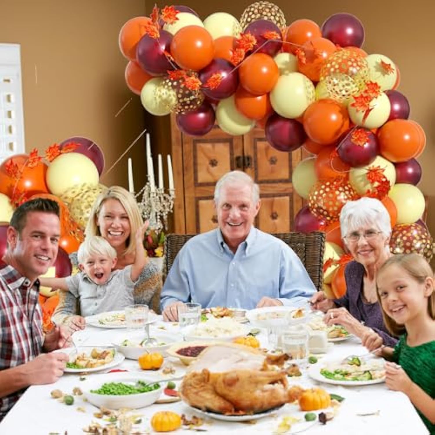 Fall Balloon Arch Kit: Orange, Burgundy, Gold Balloons with Maple Leaves