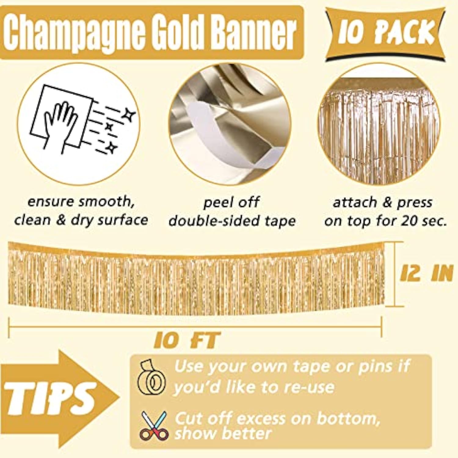 10 Pack 10 Feet Foil Fringe Garland Metallic Tinsel Banner Wall Hanging Curtain Streamers Backdrop For Parade Floats Bachelorette Birthday Party Thanksgiving Christmas Decorations(Champagne Gold)