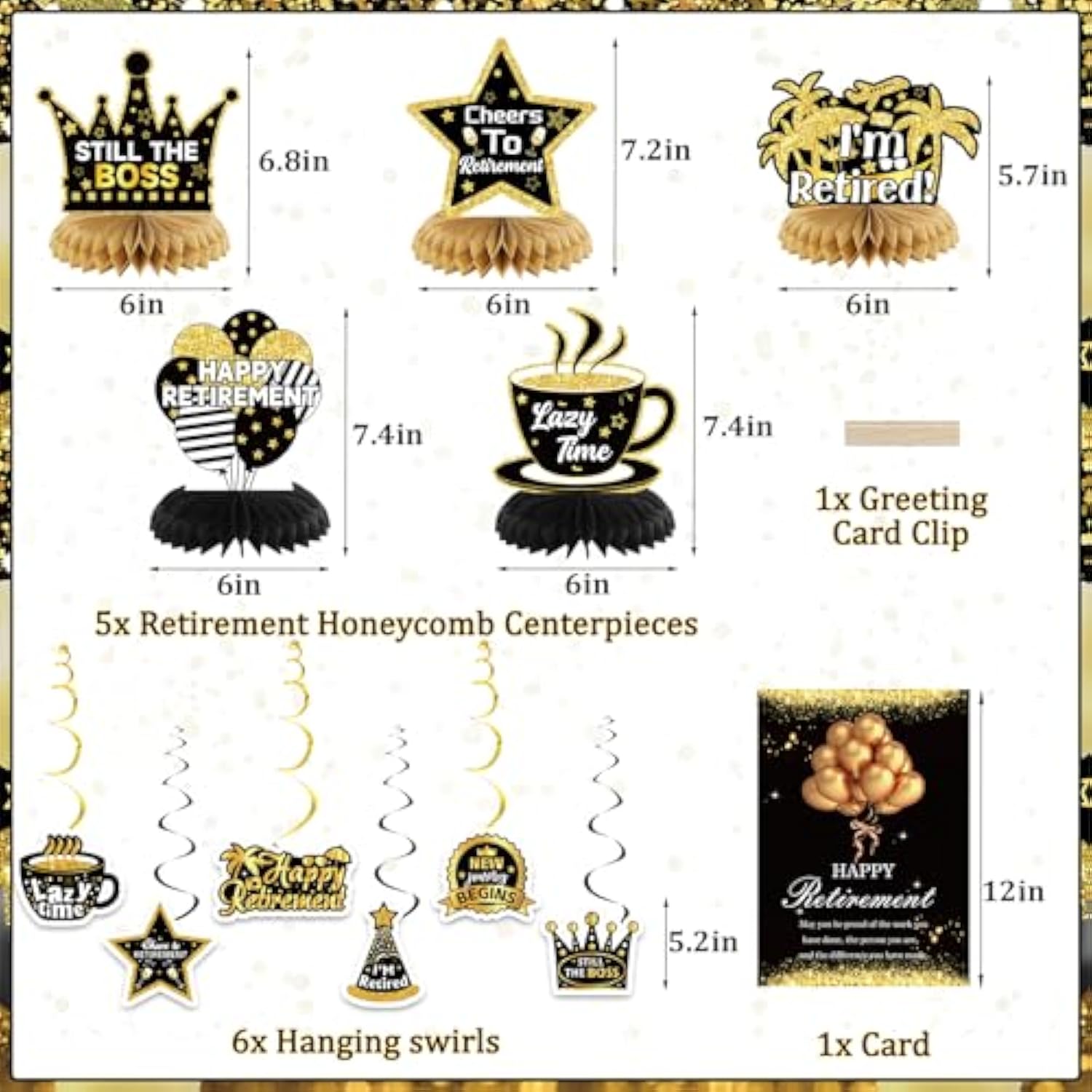 Happy Retirement Party Decorations For Men And Women - Black And Gold Banner, Backdrop Card, Sash, Hanging Swirls, Foil Balloons, Honeycomb Centerpieces