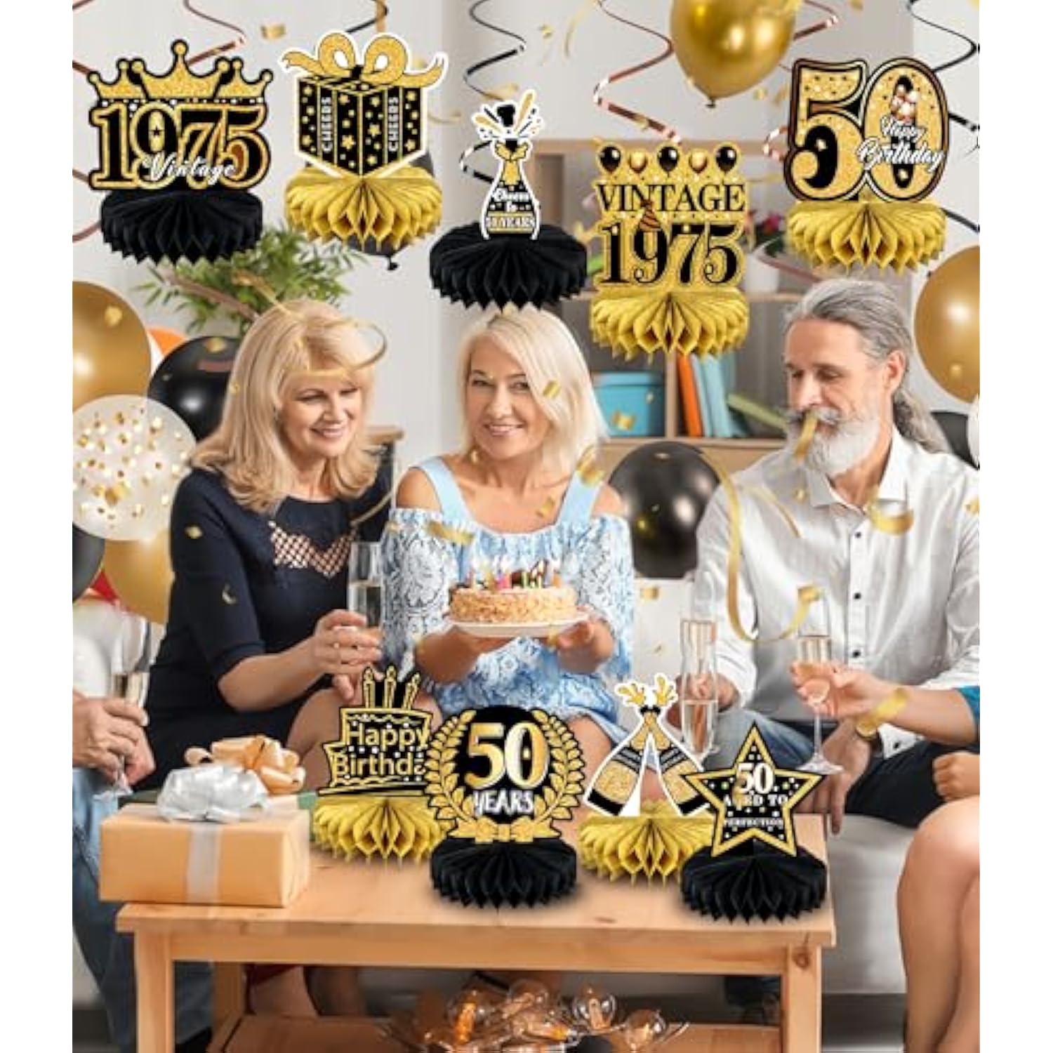 9pcs 50th Birthday Decorations Black Gold Honeycomb Centerpieces for Men Women