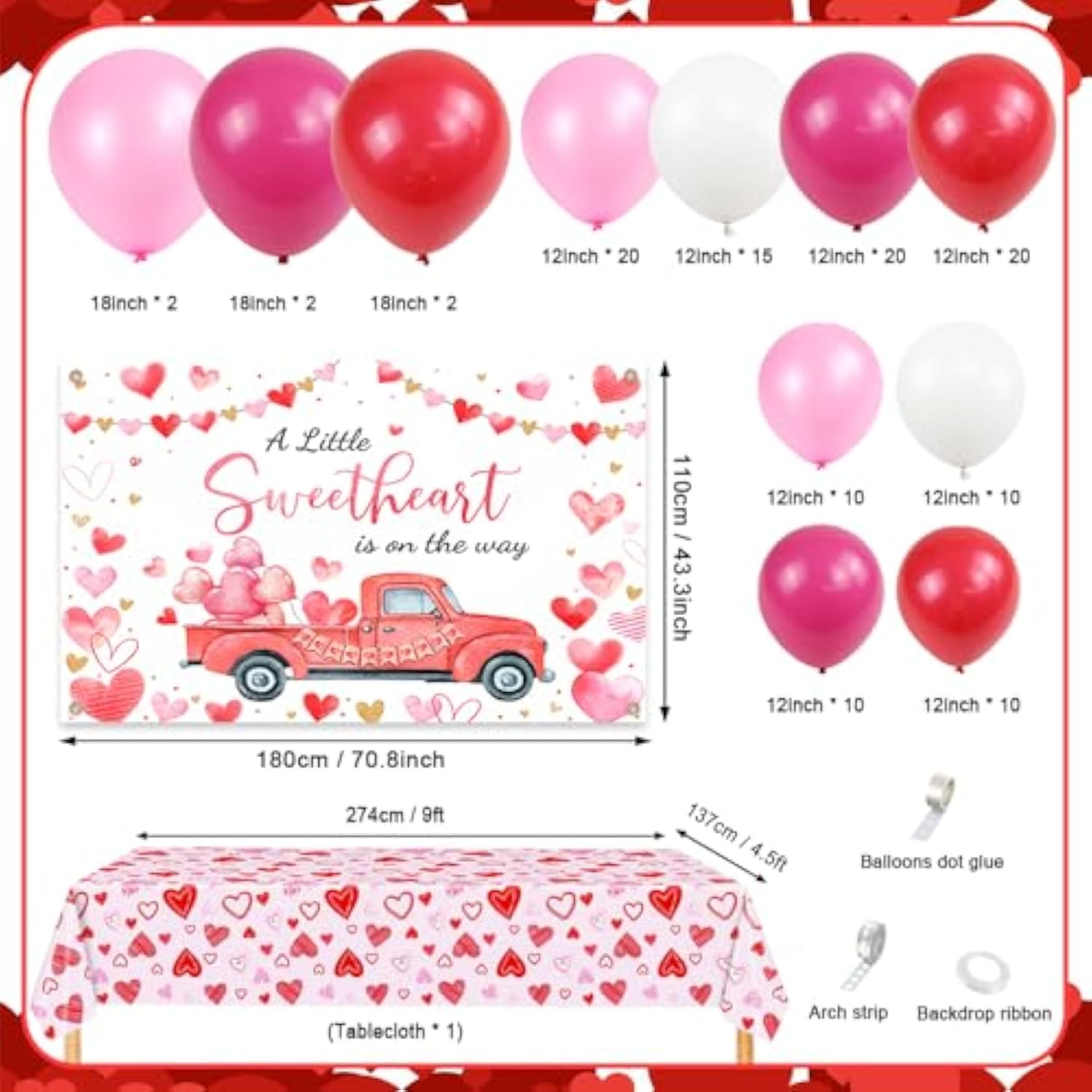 125 Pcs Sweetheart Baby Shower Decorations Valentine'S Day Balloon Garland Arch Kit With Little Sweetheart Backdrop Red Pink Valentine'S Day Baby Shower Balloon Arch Party Decorations Supplies