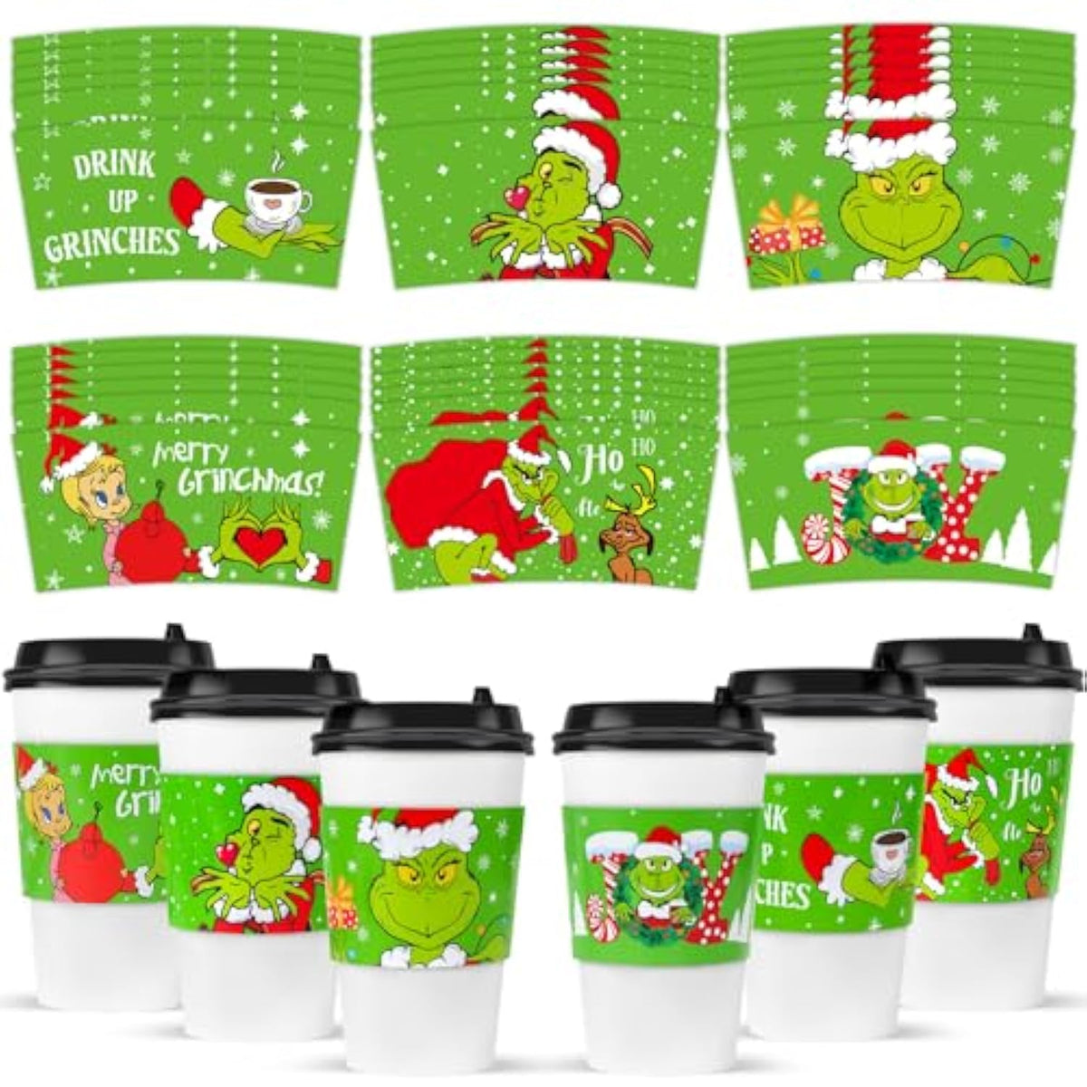 48 Pcs Christmas Coffee Tea Cup Sleeves Green Cartoon Character Christmas Cup Sleeves For 12 & 16Oz Disposable Paper Cup For Christmas Party Hot Chocolate Cocoa Cold Beverage