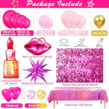 Hot Pink Birthday Party Decorations For Girls Women Pink Balloon Garland Arch Kit With Sequin Backdrop Tablecloth Lipstick Lip Heart Starburst Foil Balloons Princess Birthday Party Decorations