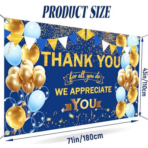 We Appreciate You Banner - Thank You for All You Do Backdrop (Blue Gold, 72x44 inches) - Appreciation Party Decorations for Teacher, Employee, Staff, Doctor, Nurse, Volunteer, Pastor - Reusable Retirement, Graduation, CNA Week, Ceremony Decor