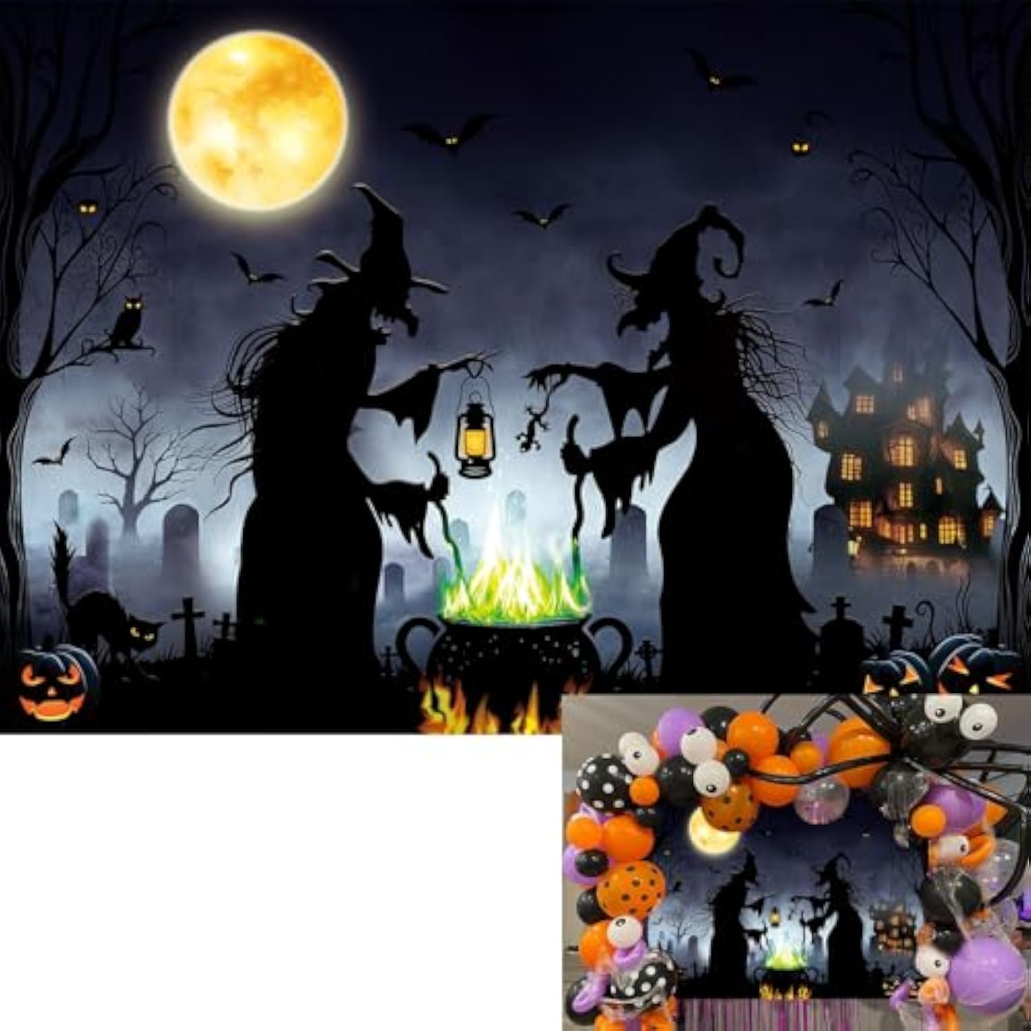 Halloween Witch Backdrop 7x5FT Full Moon Castle Pumpkins Graveyard Party Decor