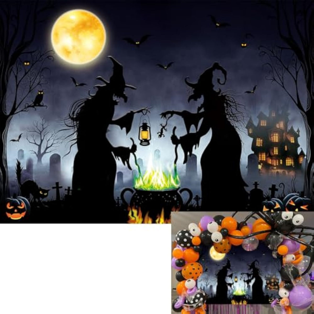 Halloween Witch Backdrop 7x5FT Full Moon Castle Pumpkins Graveyard Party Decor