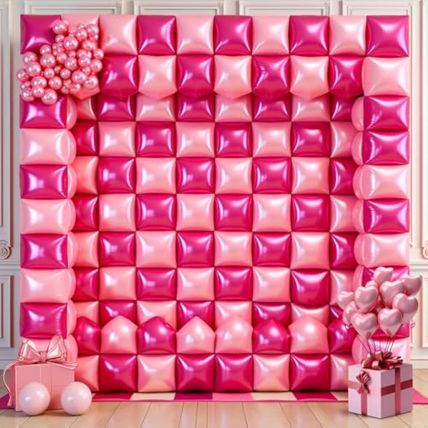 50Pcs Hot Magenta Pink Square Foil Balloon Wall, Double Sided Metallic Pink Garland Kit, Reusable Diy Mylar Balloon Arch For Anniversary Bachelorette Birthday Engagement Bridal Baby Shower Party Decor