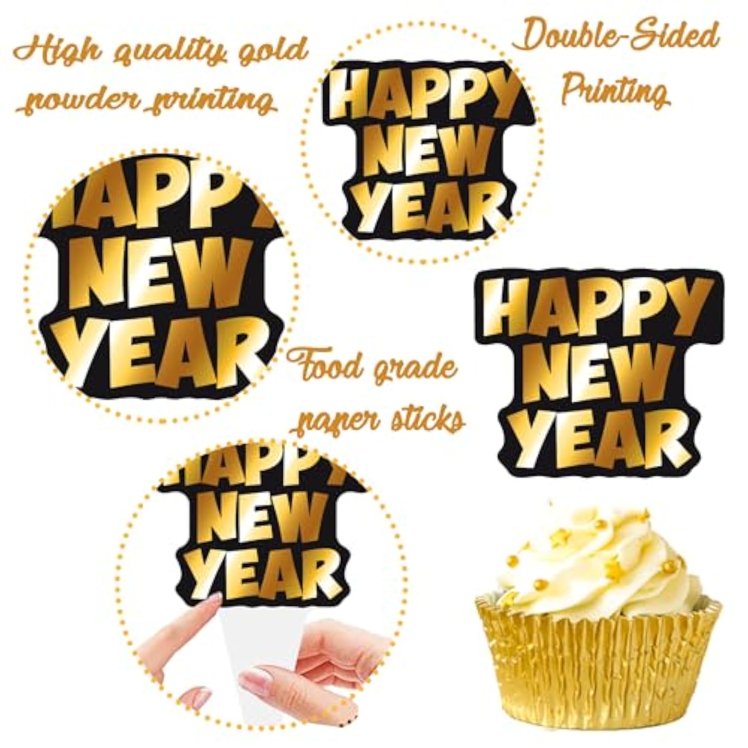 48pc Happy New Year 2026 Cupcake Toppers Black Gold Party Cake Decorations