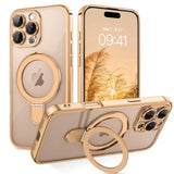 iPhone 16 Pro Case with Stand, Clear Magnetic Edge Plating, Invisible Ring Holder, Slim Protective Shockproof Kickstand Phone Case for iPhone 16 Pro 6.3 inch, Desert Titanium Gold