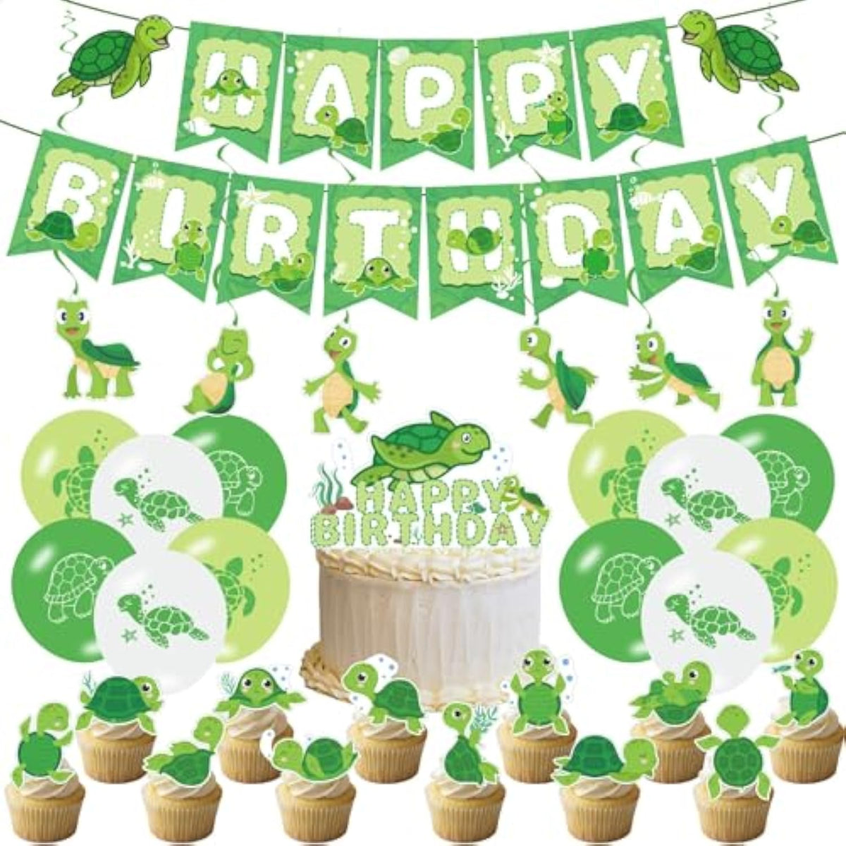Cute Turtle Party Supplies - Birthday Banner, Hanging Swirls, Green Turtle Baby Cake Toppers, Balloons For Kids Animal Theme Baby Shower, Birthday Party Decors